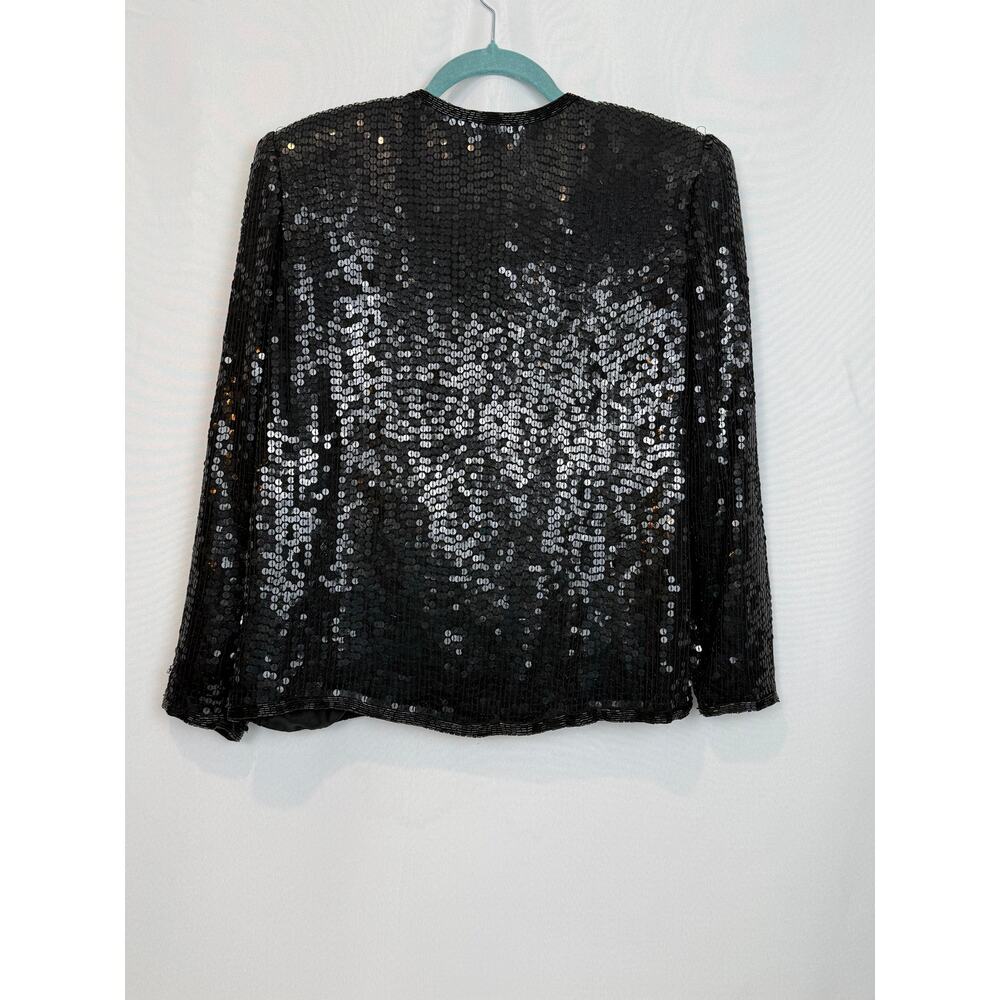 Vintage Stenay 100% Silk Black Sequin Long Sleeve Top Beaded Trim Size S 80s - Picture 2 of 6